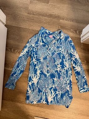 Lilly Pulitzer Swim Blue Coral Print Button-Up
